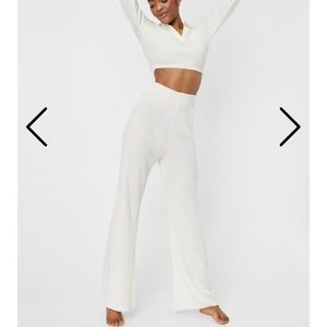 Nasty Gal Rib Polo Two Piece Set Cream Small